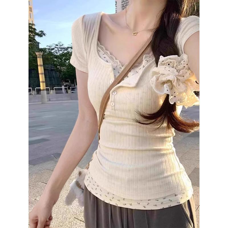 Fashion Sweet Floral Lace Trim Short Sleeve TShirt Women Summer Slimming Blouse Short Style Top Fake Two Piece Pure Desire Splice Shirt