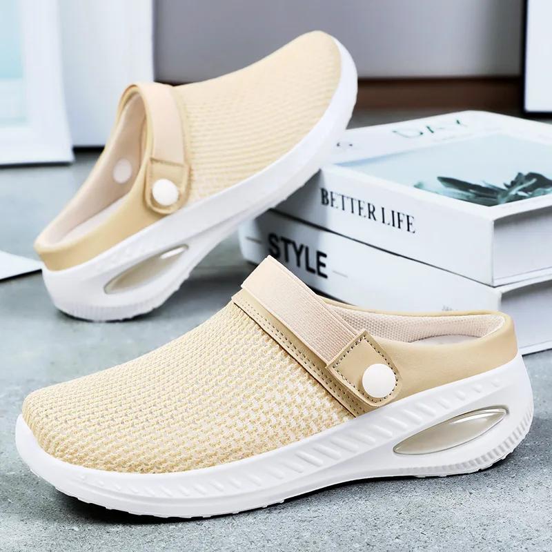 Women's Shoes Comfortable Soft Soled Flats Breathable Mesh Hollow Fly Weave Half Drag Non Slip Lightweight Casual Shoes