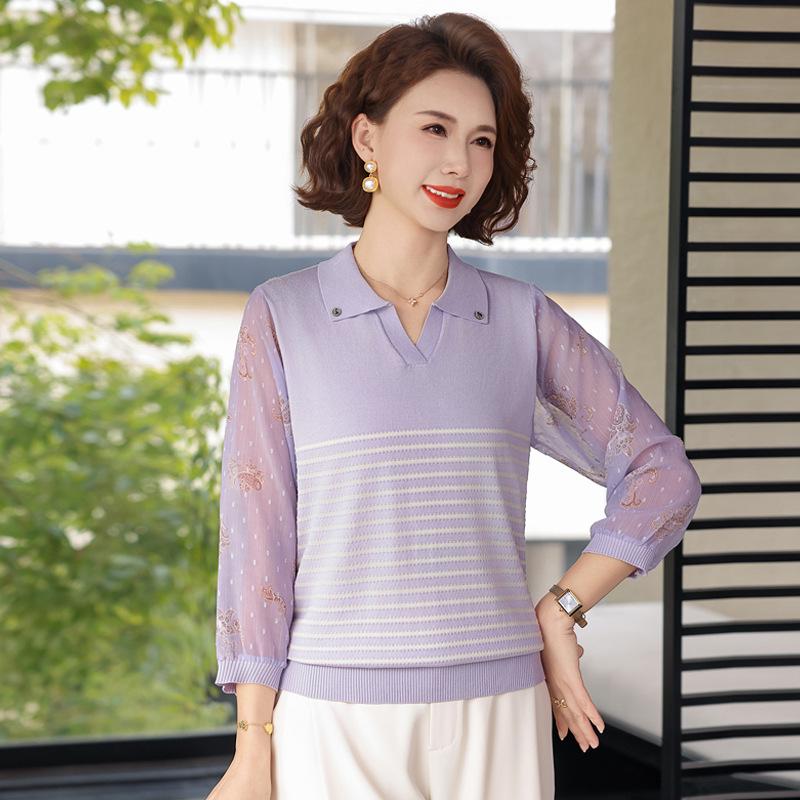 Spring Arrival: Loose Lapel Knit Top for Middle-Aged & Elderly Women – Lightweight, Stylish T-Shirt for Spring/Summer