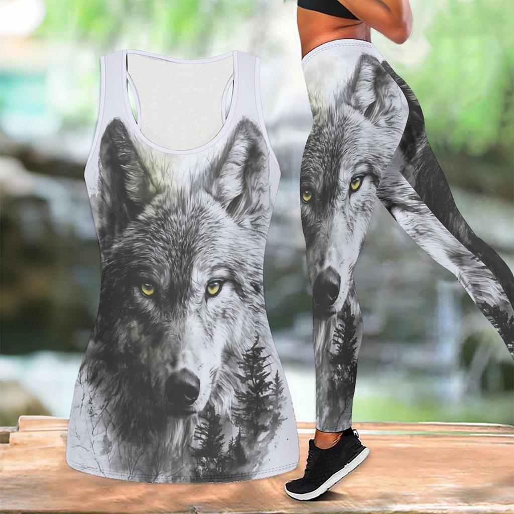 Silny Wilk Wzór Nadruk Strój do Jogi dla Kobiet Moda Legginsy Treningowe Fitness Sportowy Codzienny Zestaw do Jogi Garnitur Sportowy