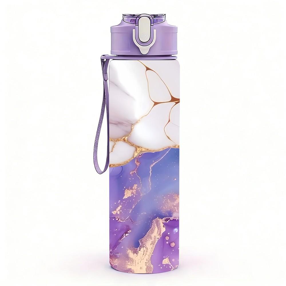 1PC Purple Gold Ink Marble Pattern 750ml Color Plastic Sports Water Bottle Leakproof Flip Straw Lid Suitable for Sports Office Home Use