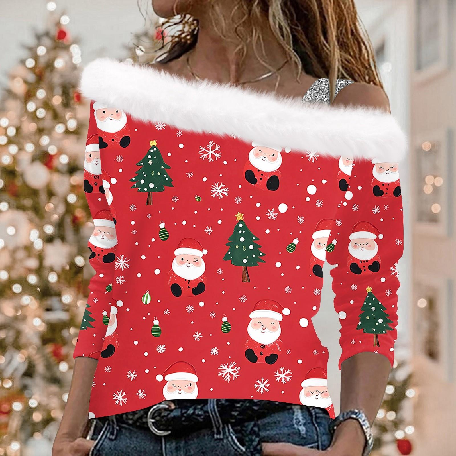 

Женские топы с длинным рукавом, модные женские свободные пуловеры с рождественским принтом и открытыми плечами S