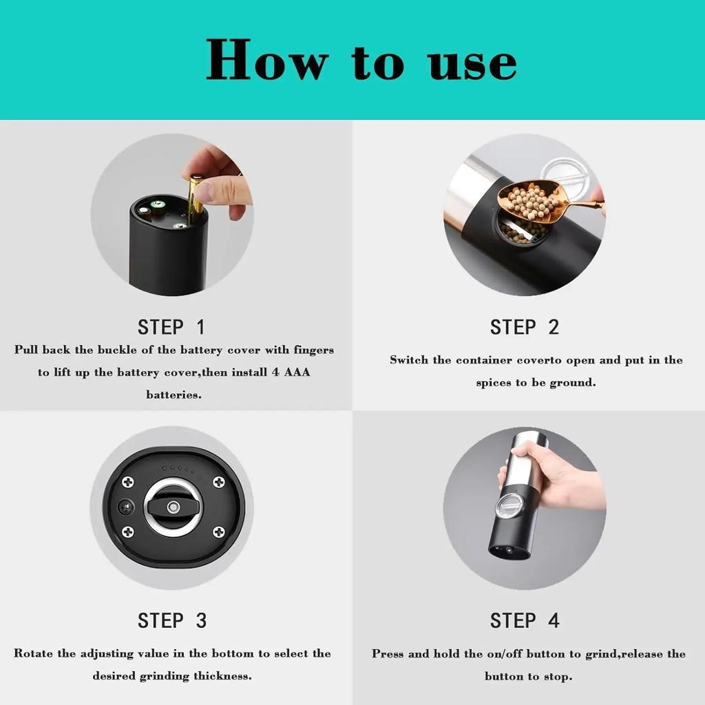 Battery Powered Pepper Grinder Electric Adjustable Coarseness Automatic Peppercorn Sea Salt Cordless Grinder Kitchen Tools