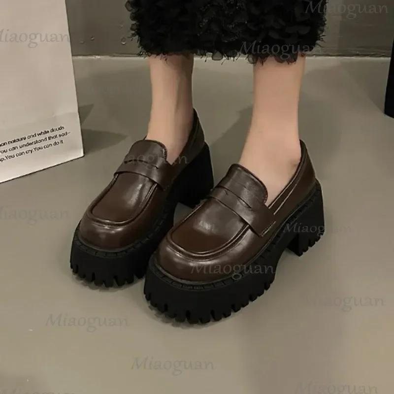 Women Loafers Thick High Heel Shoes Pu Leather Platform British Female Pumps Heightening Brown Slip On Design Punk Lolita Shoes