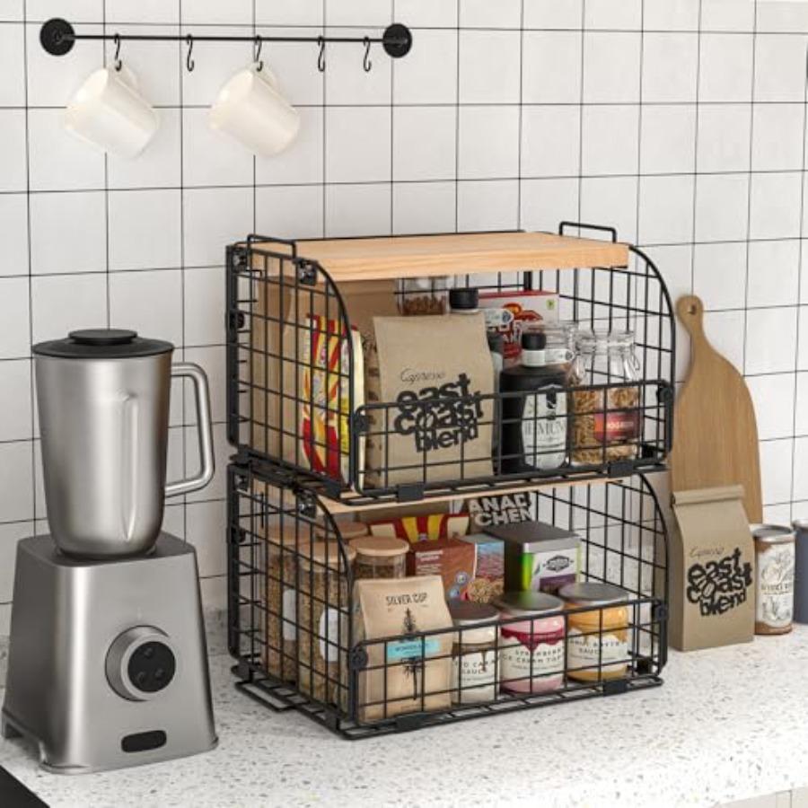 2 Set Stackable Wire Basket with Openable Top for Kitchen Counter Pantry Organizer Storage Bin for s Potatoes Fruits Veggies Br