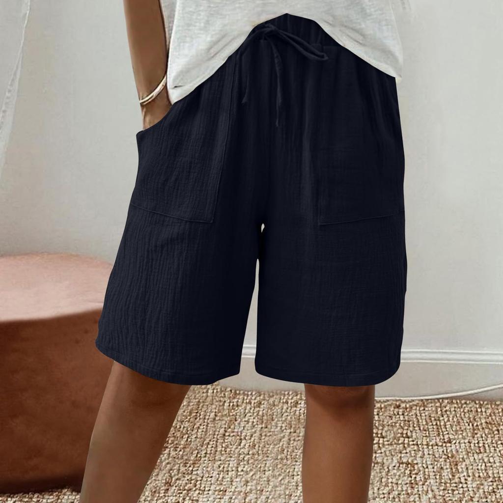 Women's Fashion Cotton-Linen Blend Pocket Elastic Waist Loose-Fit Casual Cropped Pants