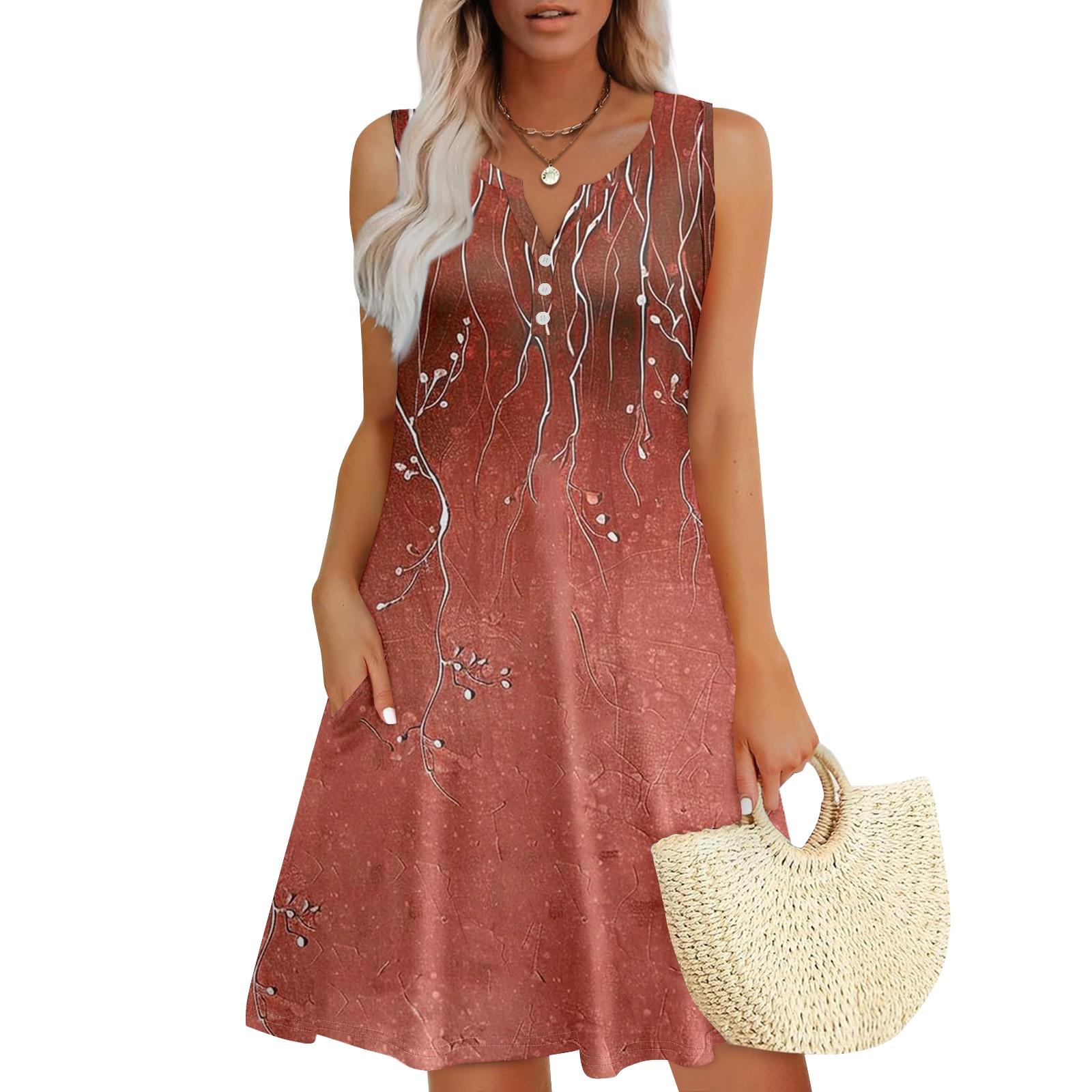 

Женские летние платья Свободные сарафаны без рукавов с V-образным вырезом Платье с карманами XL киноварь