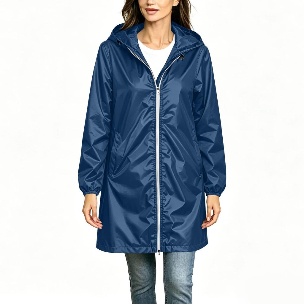 Women's Lightweight Long Hooded Windbreaker Jacket Water Resistant Casual Outdoor Coat with Full Zip Closure and Elastic Cuffs