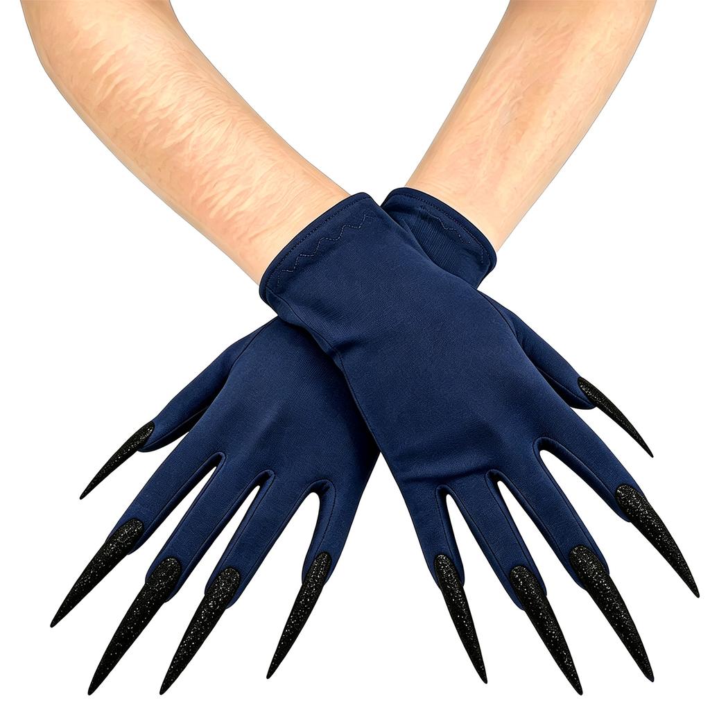 Dark Gloves with Long Nails for Halloween Witch Party, Short Stretch Fit
