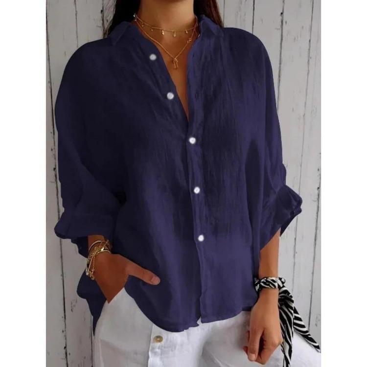 Women's Casual Blouses Spring Fall Fashion Print Solid Color 3/4 Sleeves POLO Neck Shirts