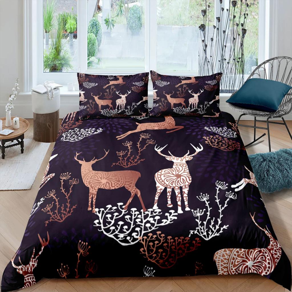 Christmas Deer King Queen Duvet Cover Animal Elk Bedding Set 2/3pcs for Kids Teens Adults Blue Soft Quilt Cover with Pillowcase