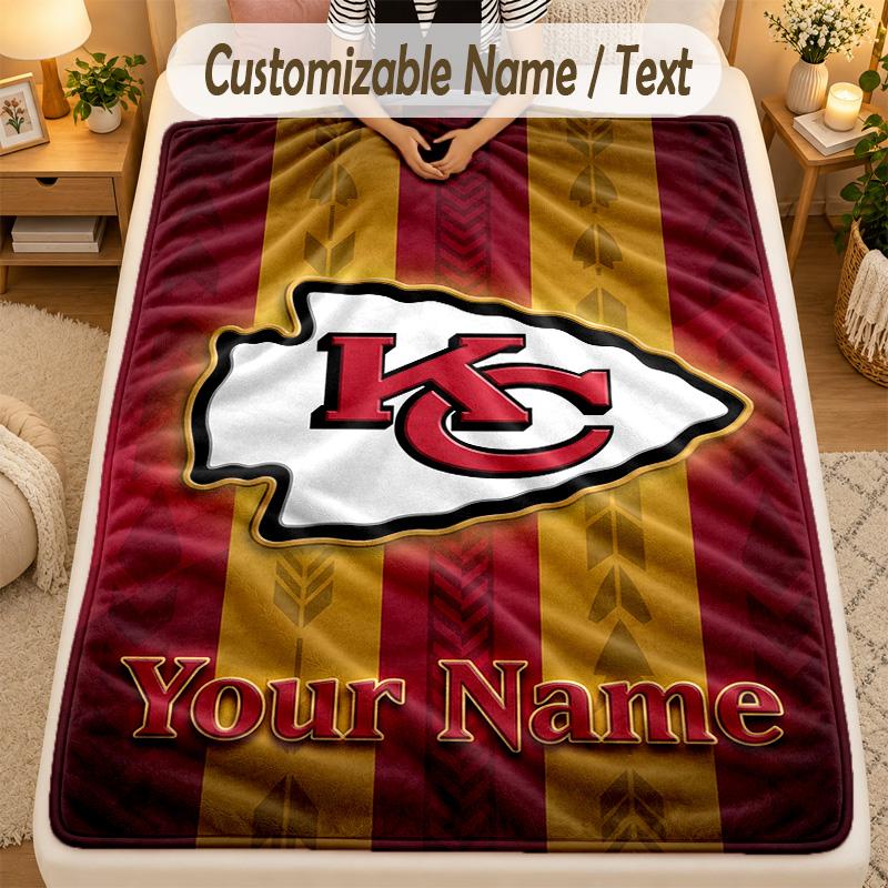Flannel BlanketKansas City Chiefs Custom Name Text Personalized Soft Warm Throw Blanket Home Decor Gift