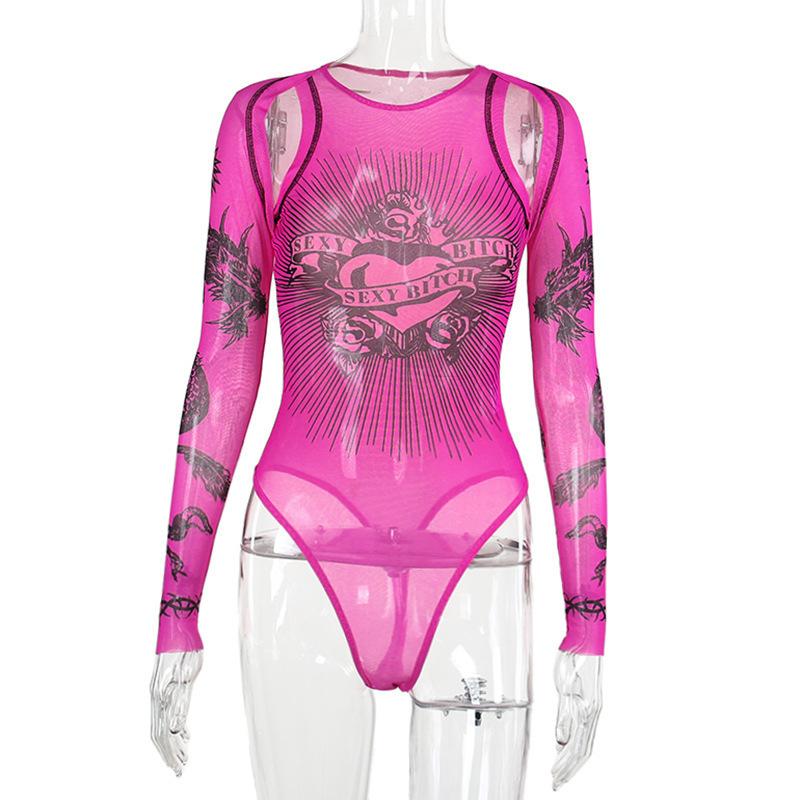 

Европейский и американский хип-хоп напечатанный пикантный девчачий сексуальный базовый нерегулярный перспективный ажурный дизайн смысл женский комбинезон с длинными рукавами L розовый