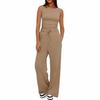 Women's Casual Two Piece Outfit Sleeveless Ruched Tank Top Drawstring High Waist Wide Leg Pants Tracksuit