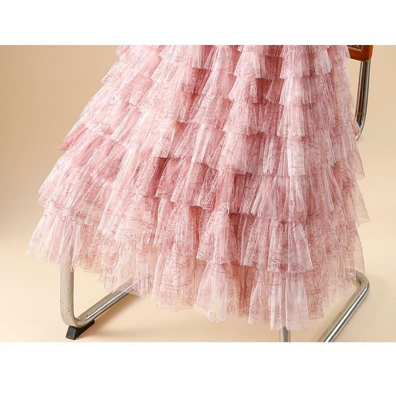 DIMANAF 2025 Summer Women Skirts Vintage Elastic Pleated Elegant Long Skirts New Lace Blue High Waist
