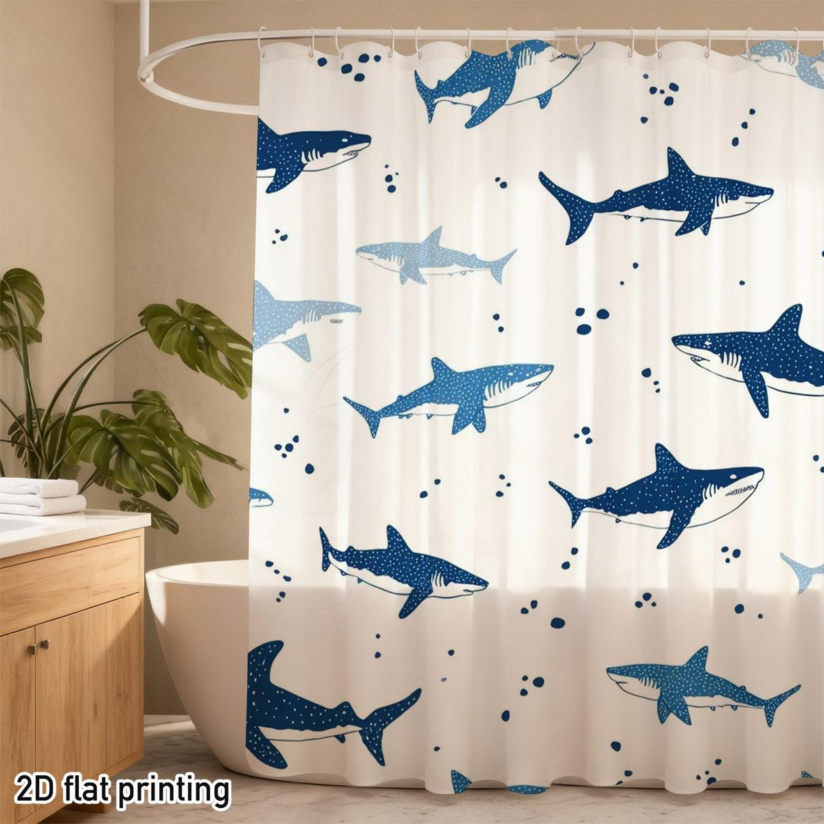 Annier Blue/Cream Shark Shower Curtain – Playful Sharks & Bubbles On Background, Waterproof Polyester, Ocean-Themed Bathroom Decor