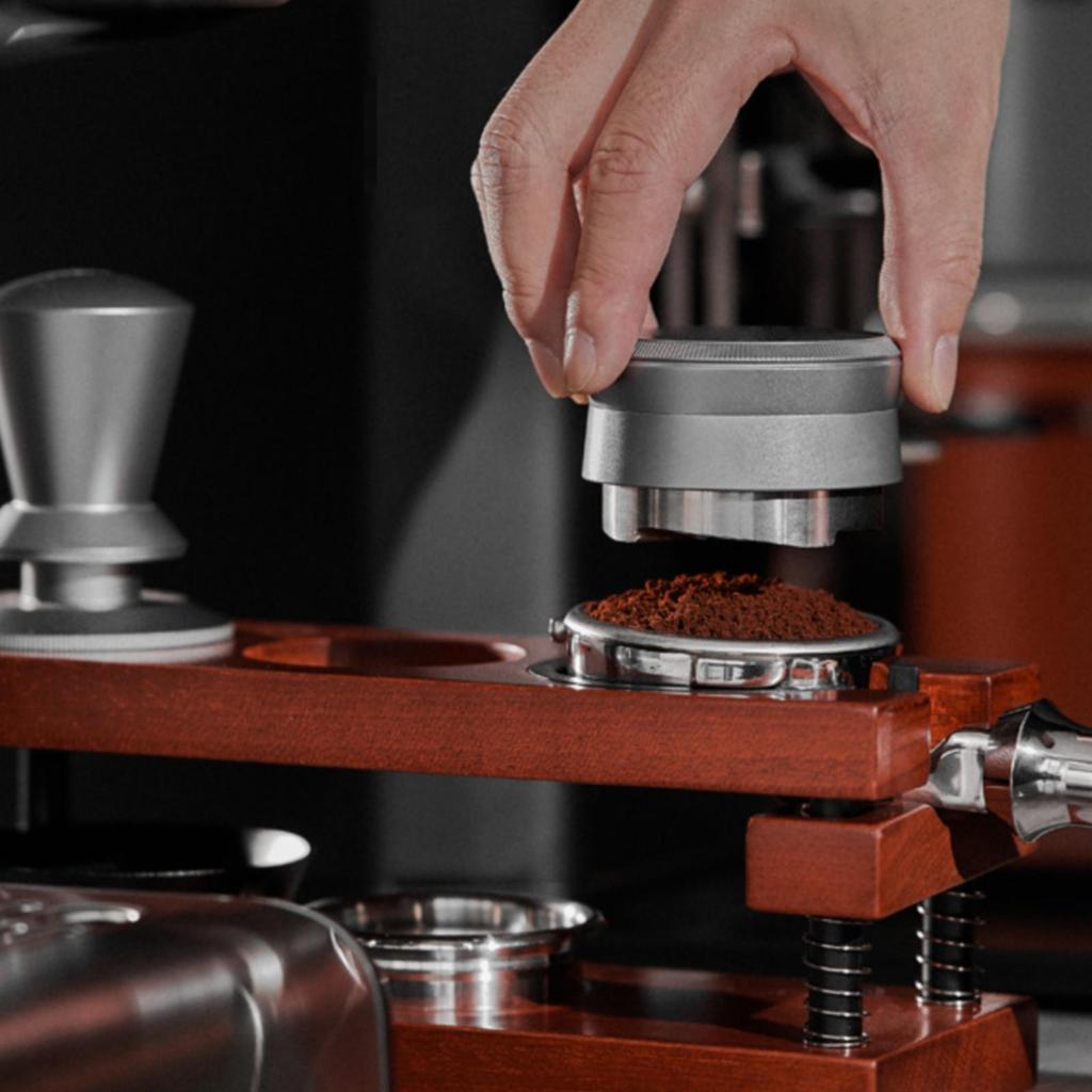 Espresso Pressing Station Wood Grain Finish Multiple Recesses Wooden Press