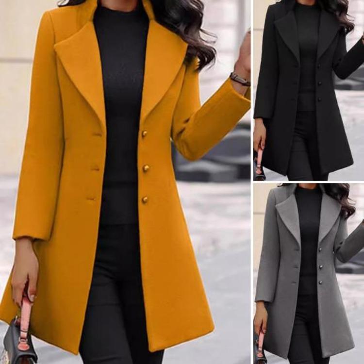Women Woolen Turn Down Collar Solid Color Single Breasted Slim Fit Thermal Long Sleeve Jacket Coat for Women Commuting Dating Spring