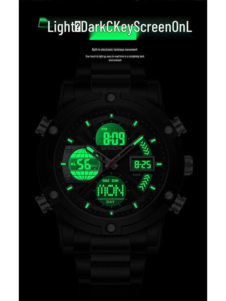 SANDA Men's Multi-Time Zone Steel Band Watch - Luminous, Waterproof, Alarm & Stopwatch Features
