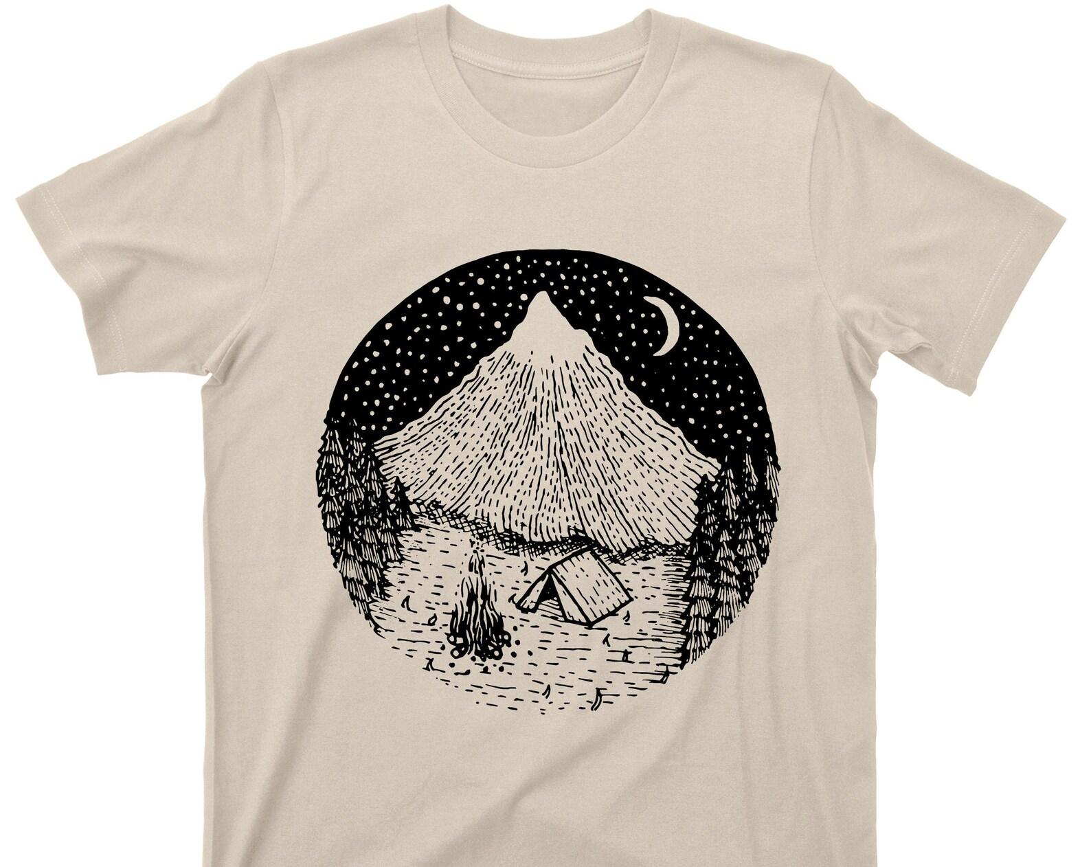 Camping Outdoors T Shirt - Campfire Bonfire Under Moon & Stars Forest Snow Capped Mountains Nature Graphic TShirt M