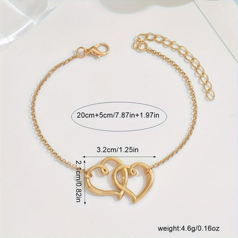 1PC Women's Retro Bohemian Double Heart Chain Ankle Bracelets, Simple and Elegant Design for Daily and Vacation Wear