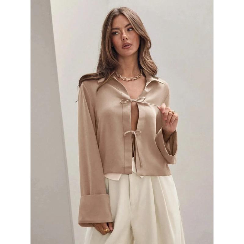 

YYFS женские модные повседневные весенне-осенние однотонные рубашки-поло с длинным рукавом с принтом и воротником, блузки и рубашки L хаки