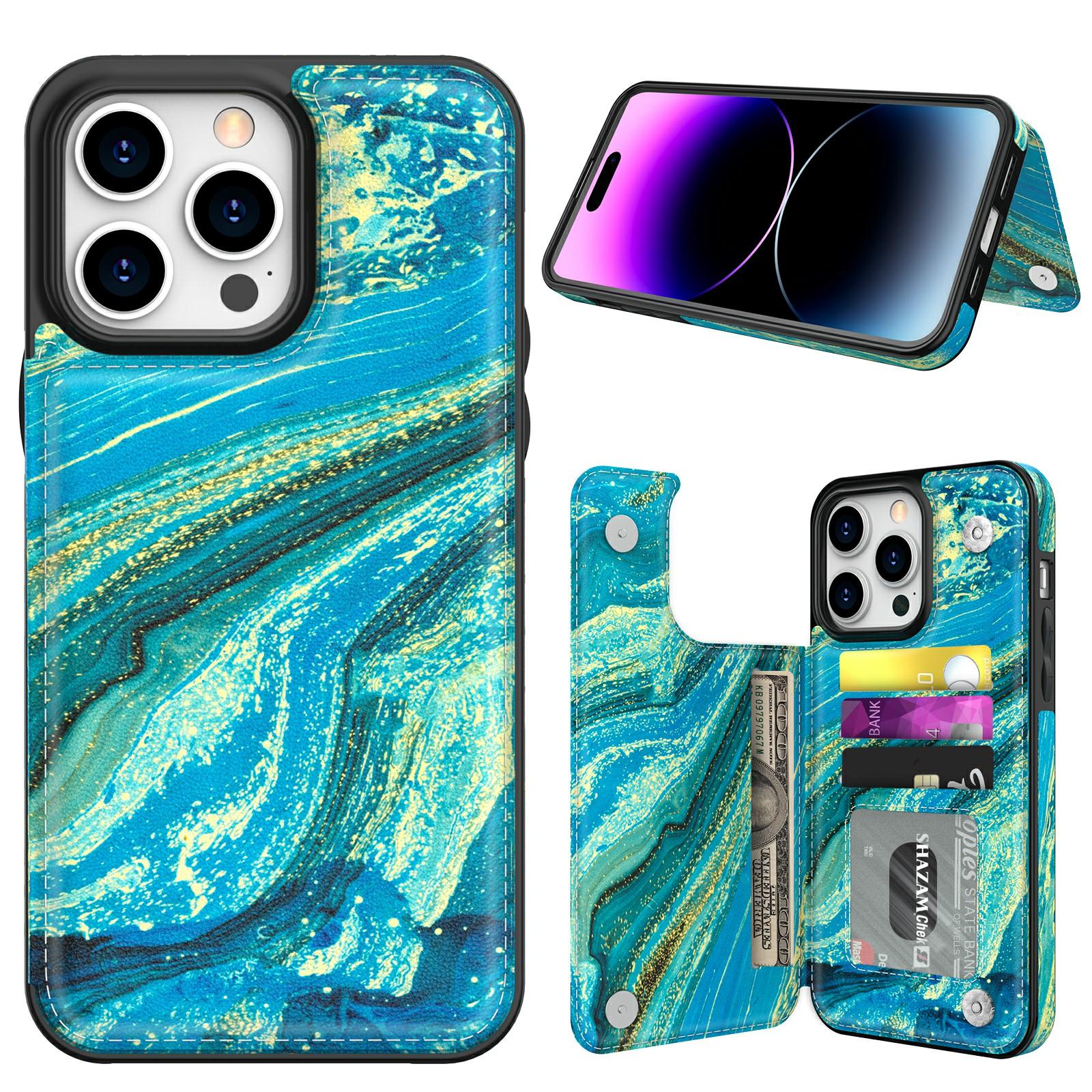 

AHASTYLE WG08 For iPhone 14 Pro Max Case Pattern Printing Wallet Kickstand Anti Drop Leather Phone Back Cover Blue Green