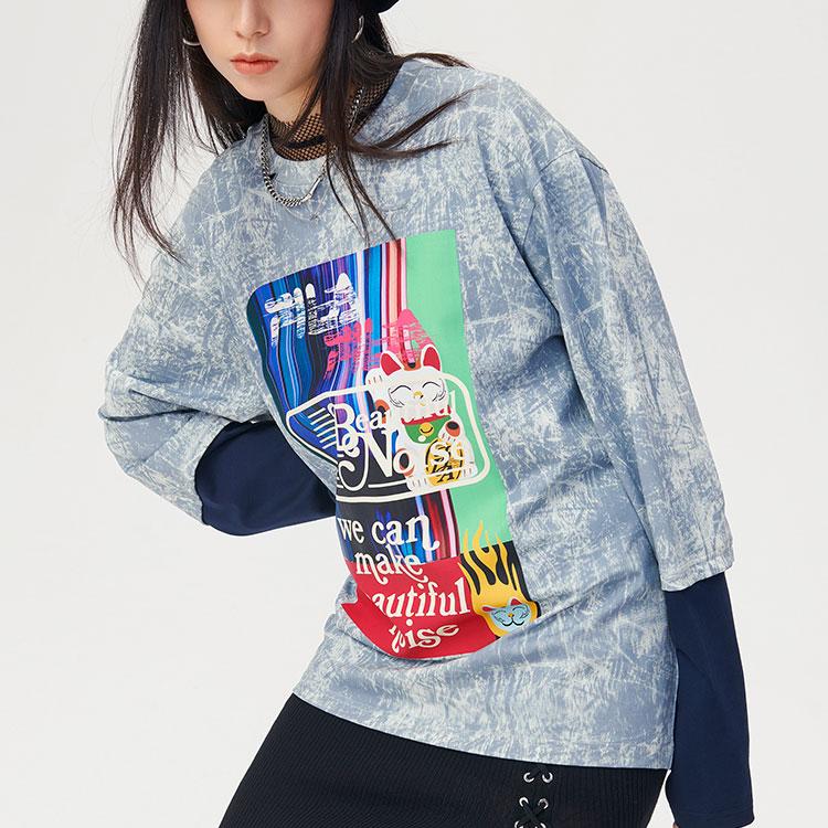 FILA Fusion Fake Two-Piece Tie-Dye Long Sleeve T-Shirt Couple Style Blurred Memory Unisex Tops T11U146204F-WT