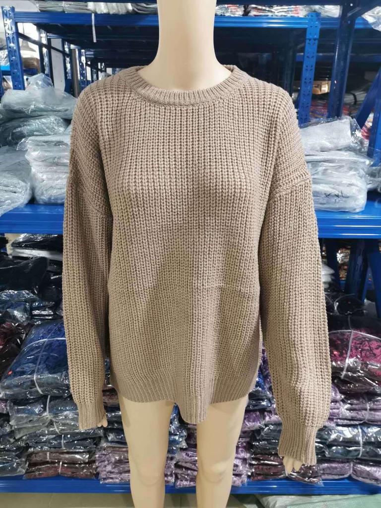 Damen Retro Strickpullover - Rundhalsausschnitt, Unifarbe, Lockere Passform, Herbst/Winter Pullover Top