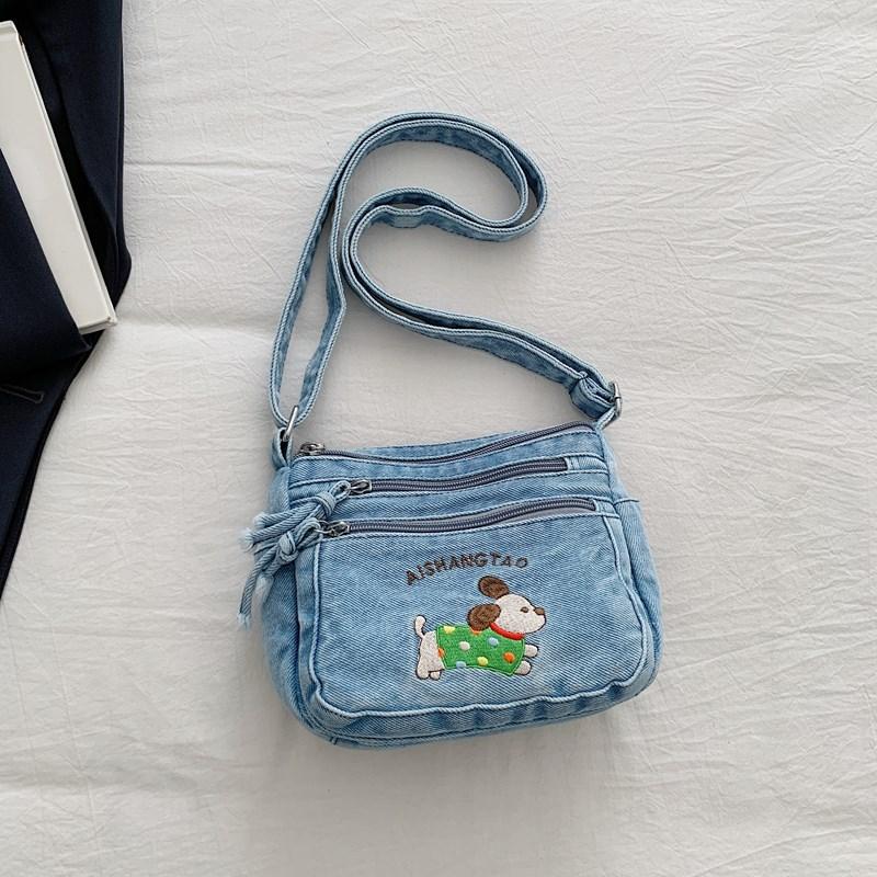 Cartoon Embroidered Denim Bag Women's Shoulder Crossbody Bag