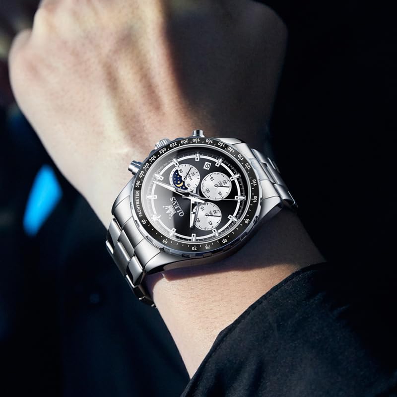 OLEVS Quartz Moon Watch for Metal Black Men's Watch, Popular, Business, Student, Phase, Chronograph, Men, Gift, Luminous, Waterproof, Date, Band,