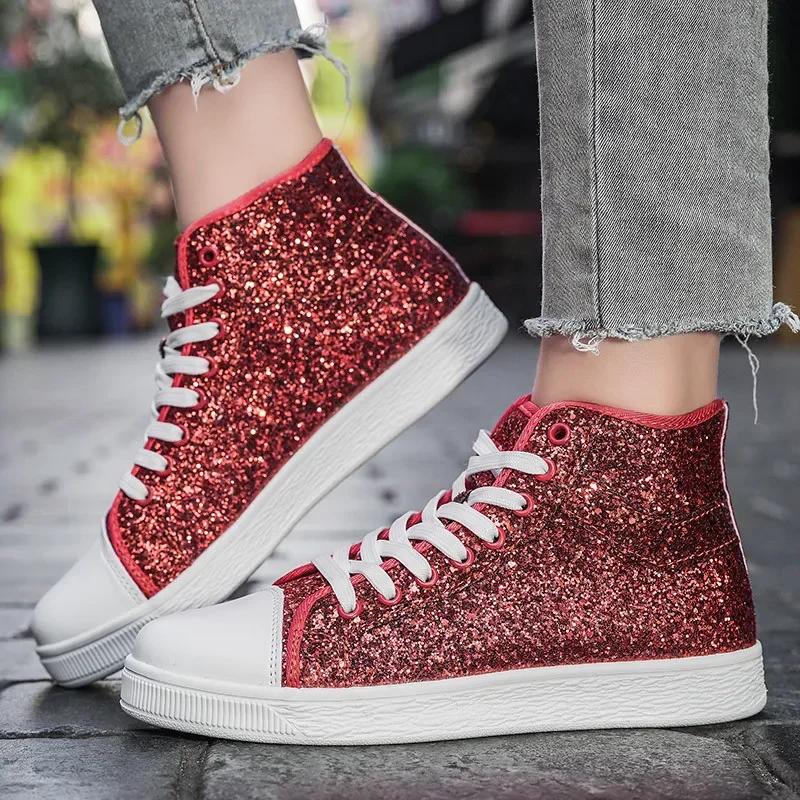 Lightweight Women's Vulcanized Shoes Fashion Glitter Sneakers Woman Size 41 Luxury Red Designer Shoes Women High top Sneakers