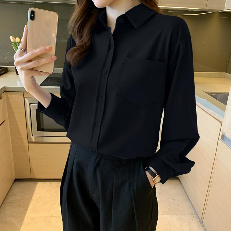 

Весна Осень Простая Женская Рубашка с Длинным Рукавом Новая Мода Свободная Повседневная Блузка Женская Ретро Карман Элегантные Однотонные Топы Женская Одежда 3599 XL чёрный