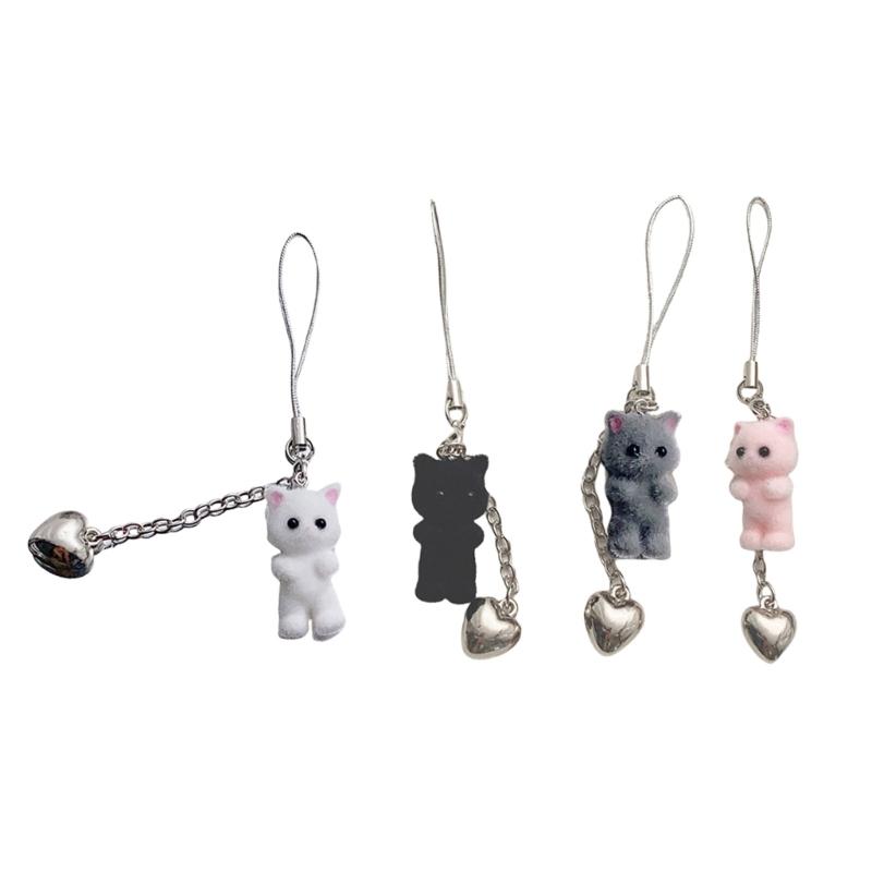 Fashion Flocking Cat Heart Pendant Phone Straps Lanyard Pocket Keychain Strap Backpack Charm Car Key Decoration