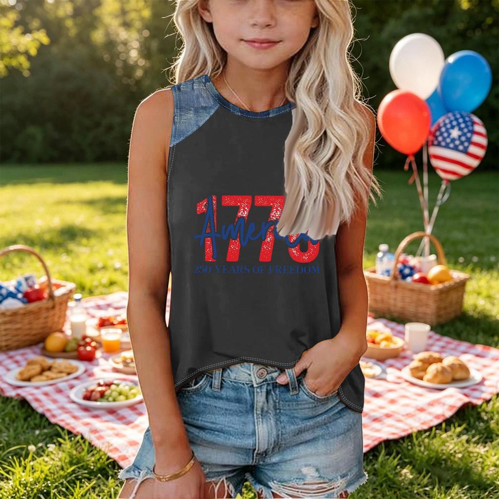 Girls Sleeveless Loose Fit Tank Top Independence Day Print Denim Patchwork Round Neck T Shirt Summer Casual Tee