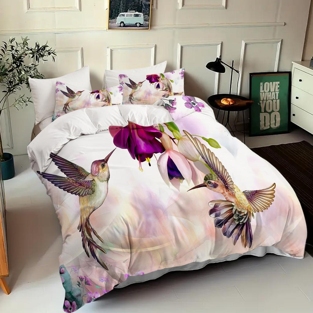 Blumen Vögel Schmetterlinge 3D Druck Bettbezug Bunt Niedlich Haustier Vögel Weich Bequem Für Jugendliche Erwachsene Bettdeckenbezug Kissenbezug