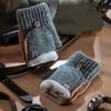 Winter Thick Fleece Lined Flip Knit Gloves, Snap Button Half Finger Touch Screen Mittens with Deer Patch Label, Plush Lined Thermal Warm Gloves