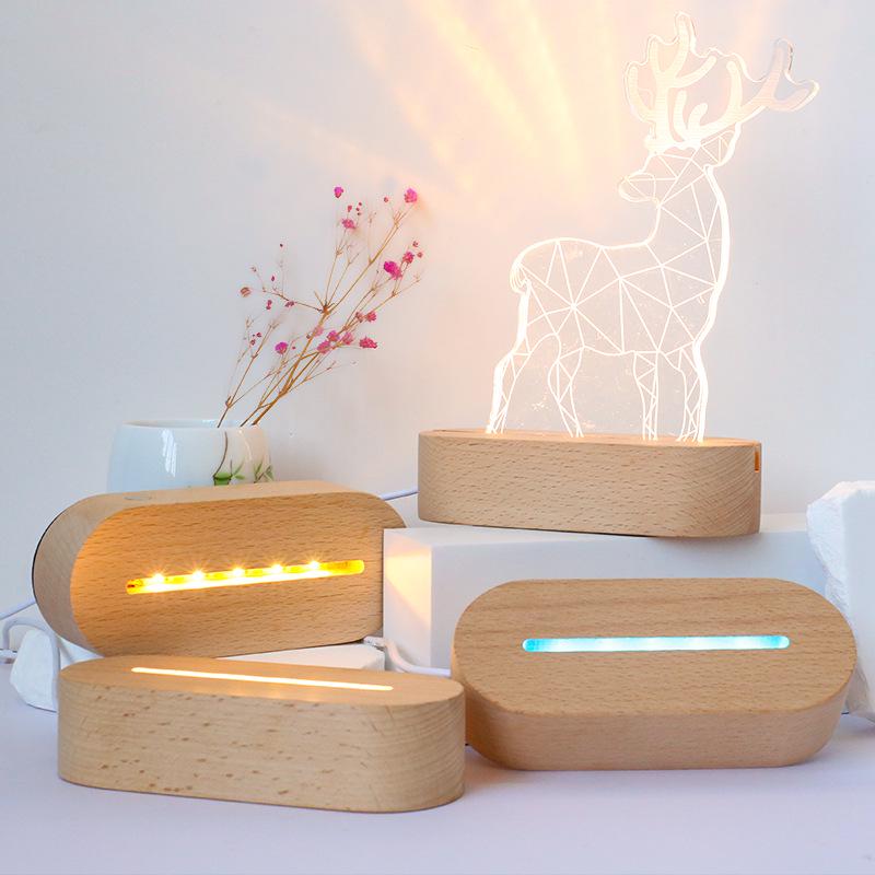 Oval Touch-Control LED Night Lamp with USB, Beech Wood Base