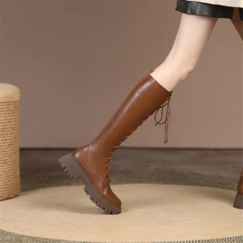 Fashion New Winter Knee-High Boots Split Leather Women Boots Chunky Heel Platform Shoes for Women Lace Women Shoes Knight Boots Woman
