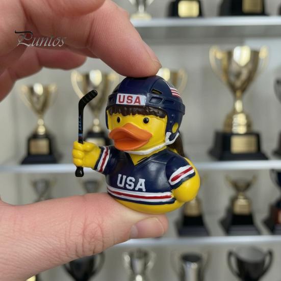 Niche Sports Event Peripheral Hockey Player Rubber Duck Resin Figurine, Statue with Complete Helmet Sturdy Sculpture Stick Jersey Gear, Weatherproof