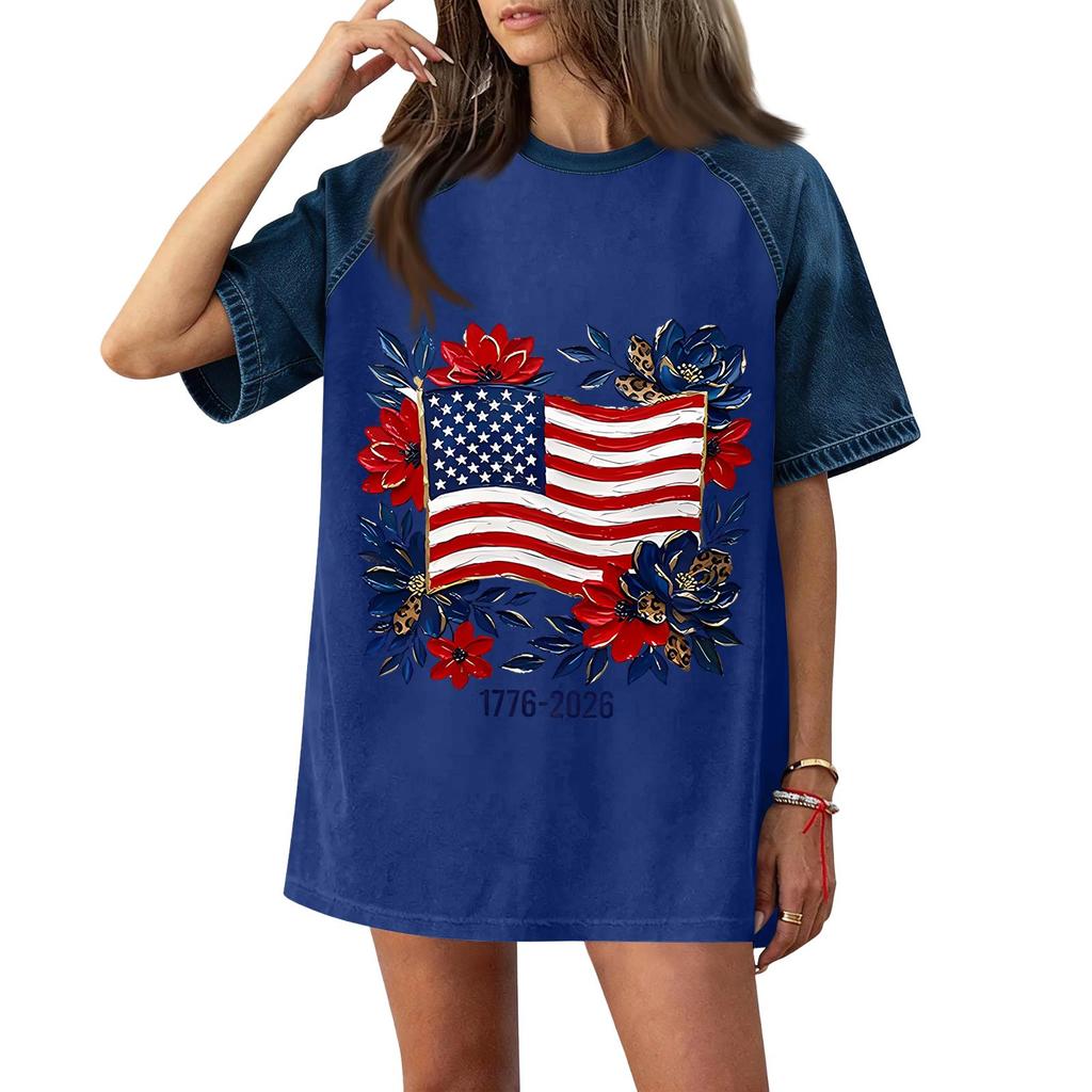 Women Casual Short Sleeve T Shirt Denim Patchwork Top 250th Independence Day Commemorative Print Relaxed Fit Lightweight Tee