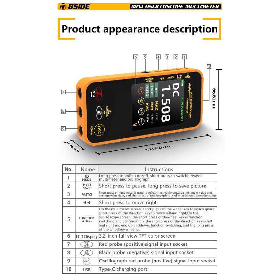 BSIDE OS1 Oscilloscope Multimeter 10MHz Bandwidth 2in1 Meter Auto Waveform Measurement 6000 Counts USB-C 1200mAh professional