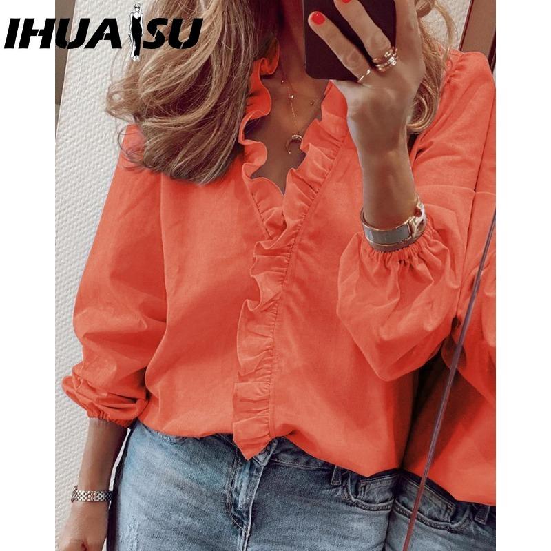 IHUASU Women's Fashion Casual Solid Color Print Long Sleeve V Neck Blouses & Shirts