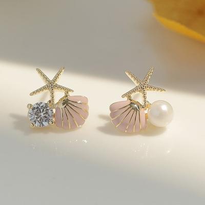 European and American Fashion Personality Simple Asymmetric Zircon Earrings Refined Starfish Shell Pearl Earrings Women