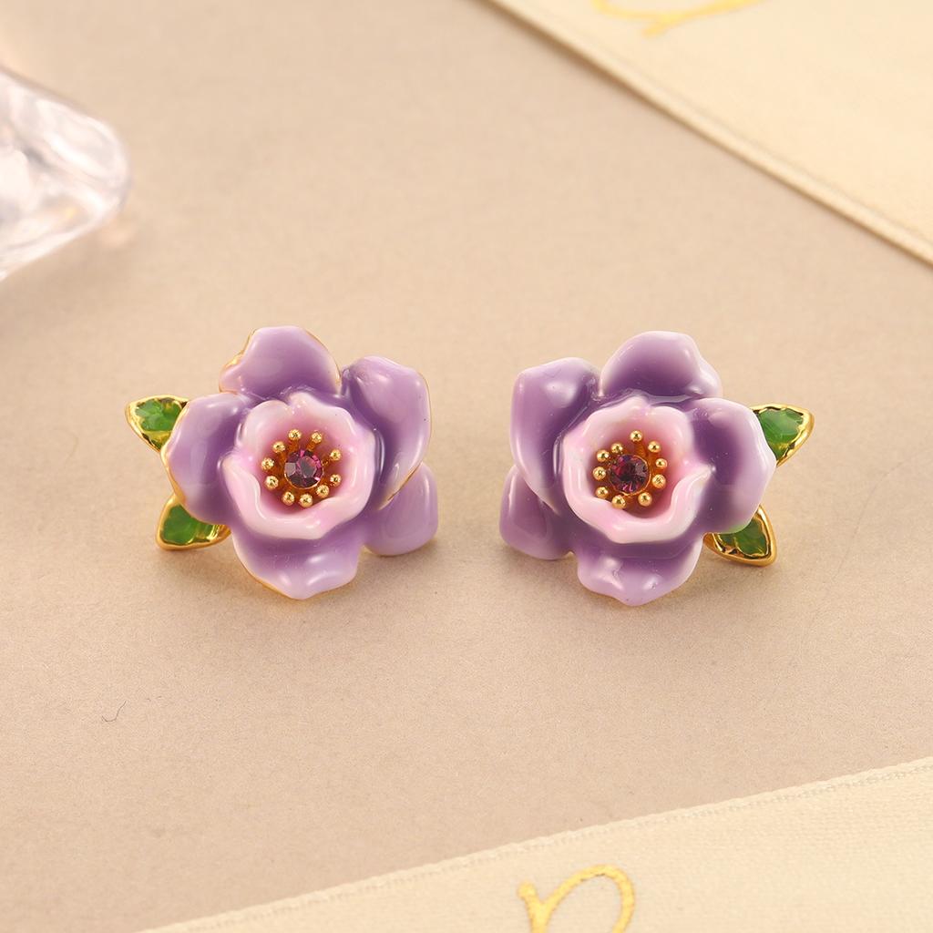 Retro purple and pink flower stud earrings enamel premium earrings design sense summer new sweet earrings