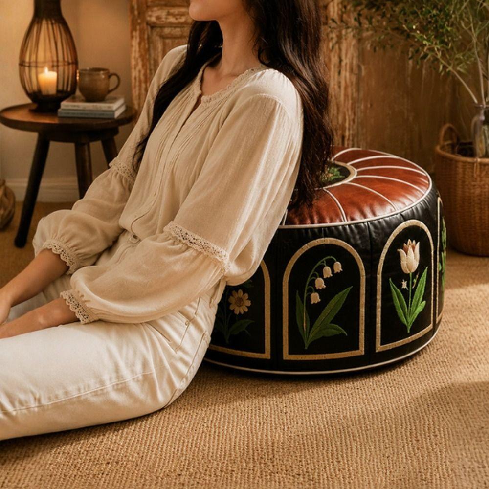 Unfilled Oil Painting Pattern Stool Cover PU Leather Floor Seat Cushion Home Decor