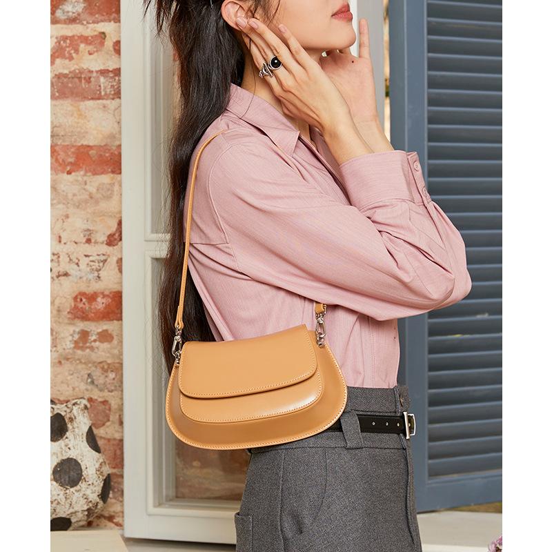 Simple Underarm Bag Women Split Cow Leather Saddle Bags Sewing Solid Color Female Messenger Shoulder Bag