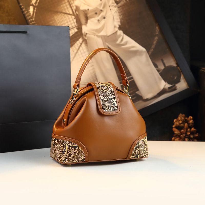 Leather Carving Small Bag Retro Atmosphere Dumpling Leather Women'S Bag Exquisite Shoulder Crossbody Handbag Women