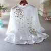 Women Embroidery Flowers Woman Blouses V-neck Half Sleeve Lace Blouses Summer Thin Top Female Shirt Literary Shirts