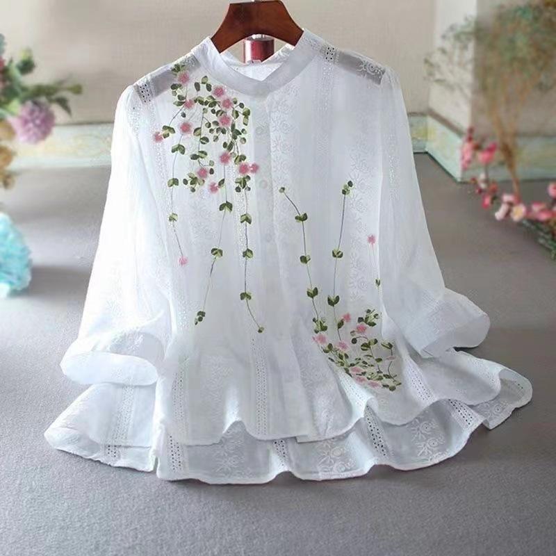Women Embroidery Flowers Woman Blouses V-neck Half Sleeve Lace Blouses Summer Thin Top Female Shirt Literary Shirts